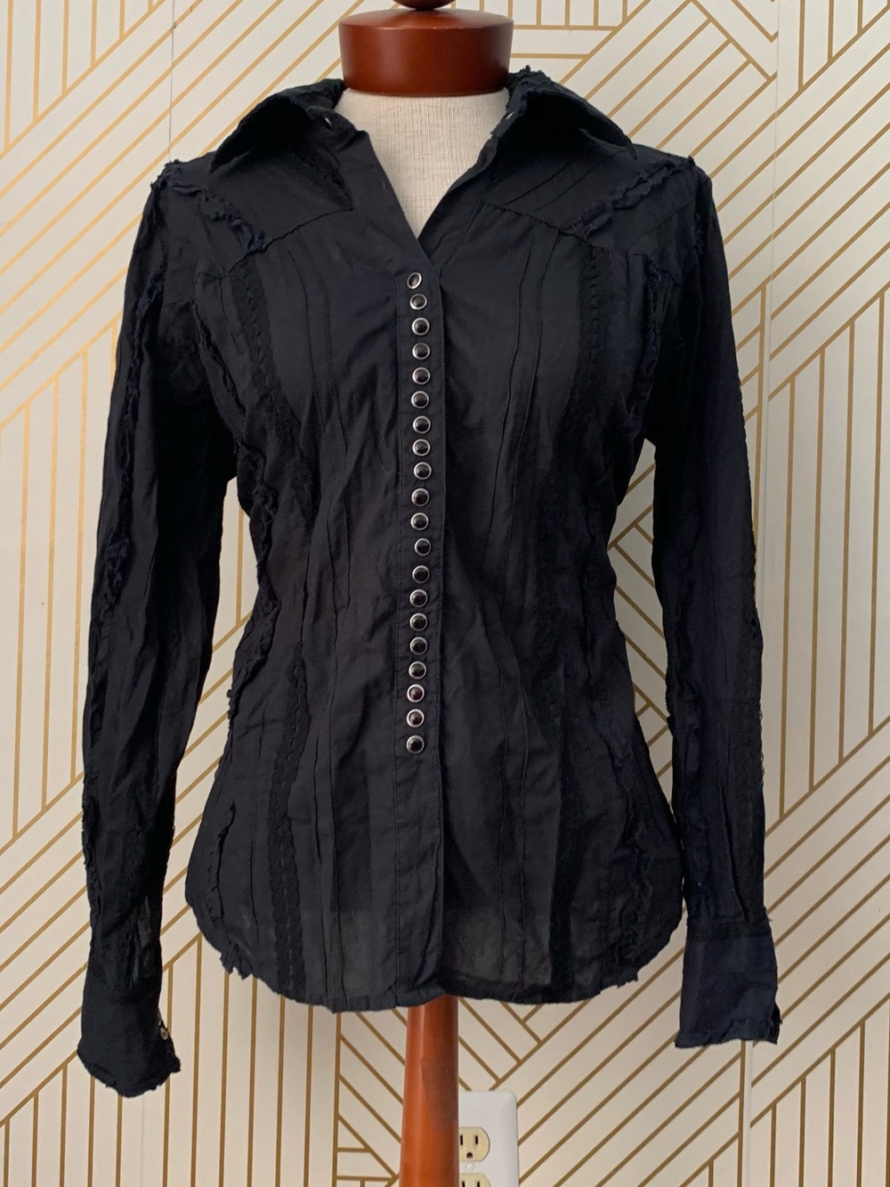Scully Black Carla Ruffle Pearl Snap button Shirt lace western boho rodeo cotton